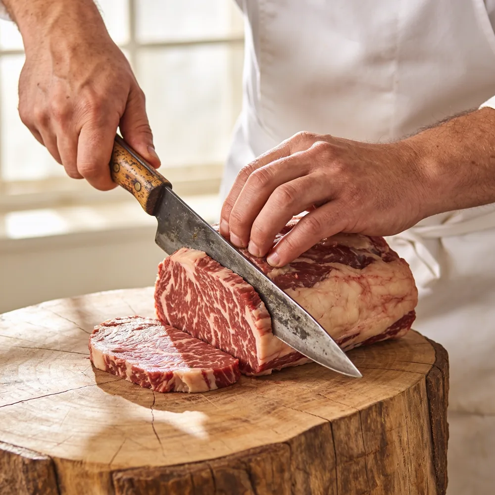 Butcher hand-trimming a joint on an oak block